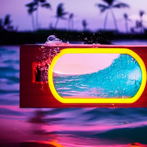 Image similar to 4 k somy a 7 wide angle photo boombox speaker half submerged in water with a wave rolling over it in hawaii at dusk with neon lighting