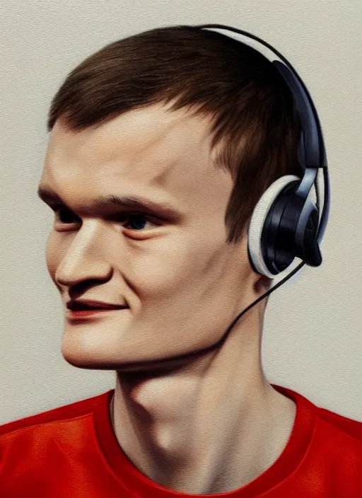 Prompt: vitalik buterin in headphones. vitalik buterin, medium shot, perfect symmetric face, coherent eyes, cute happy face, fine details., very sharp, 4 k, hans zatska, oil paint