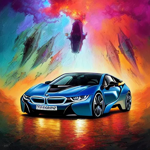 Prompt: bmw i 8 colorful, fantasy, intricate, highly detailed, digital painting, hq, trending on artstation, illustration, style of stanley artgerm and greg rutkowski and dan mumford