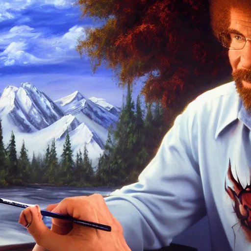 Prompt: a closeup photorealistic photograph of bob ross diligently finishing a canvas painting of iron man on the canvas. mountains and trees. film still. brightly lit scene. this 4 k hd image is trending on artstation, featured on behance, well - rendered, extra crisp, features intricate detail, epic composition and the style of unreal engine.