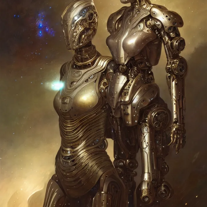 Image similar to organic cyborg with armor made of starlight, diffuse lighting, fantasy, intricate, elegant, highly detailed, lifelike, photorealistic, digital painting, artstation, illustration, concept art, smooth, sharp focus, art by john collier and albert aublet and krenz cushart and artem demura and alphonse mucha