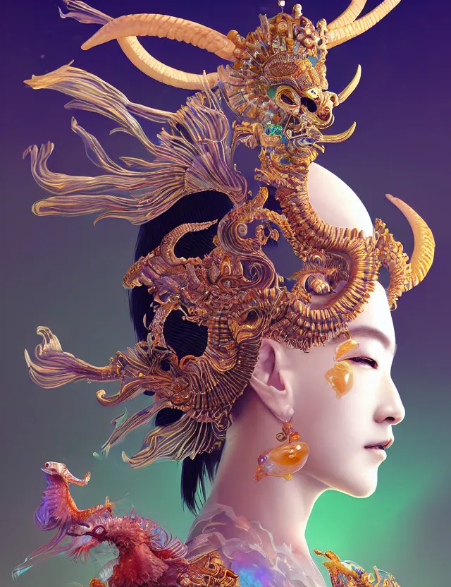 Image similar to 3 d goddess close - up profile portrait with crown, ram skull. beautiful intricately detailed japanese crow kitsune mask and clasical japanese kimono. betta fish, jellyfish phoenix, bio luminescent, plasma, ice, water, wind, creature, artwork by tooth wu and wlop and beeple and greg rutkowski