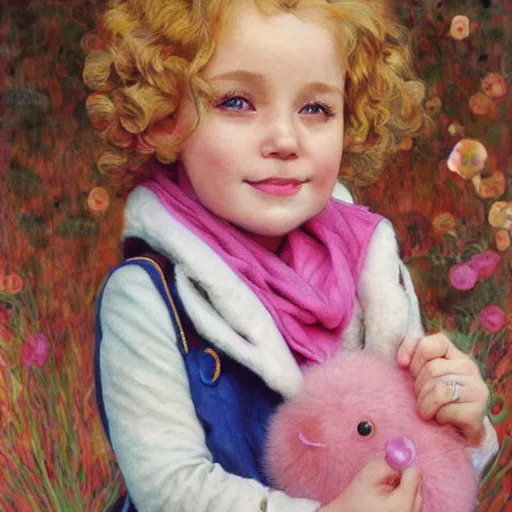 Prompt: a beautiful [[[[smiling]]]] little blonde toddler girl with short loosely curly hair, at the park on a beautiful day, holding a round all-pink stuffed penguin, by Artgerm, Mucha Klimt, Hiroshi Yoshida and Craig Mullins, featured on Artstation, CGSociety, Behance HD, Deviantart