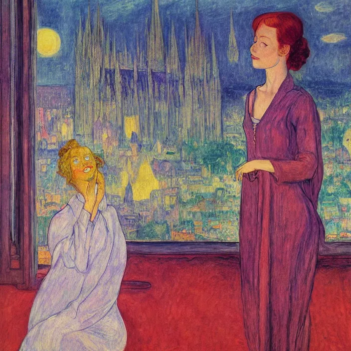 Prompt: close portrait of woman in transparent vaporous night gown with cat and aloe vera, with city with gothic cathedral seen from a window frame with curtains. sun through the clouds, vivid iridescent colors. agnes pelton, egon schiele, munch, henri de toulouse - lautrec, utamaro, monet