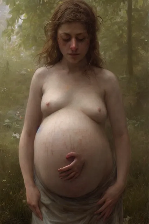 Image similar to pregnant woman in dystopia by Alyssa Monks, Bouguereau. full-shot, hyper realism, realistic proportions, dramatic lighting, high detail 4k