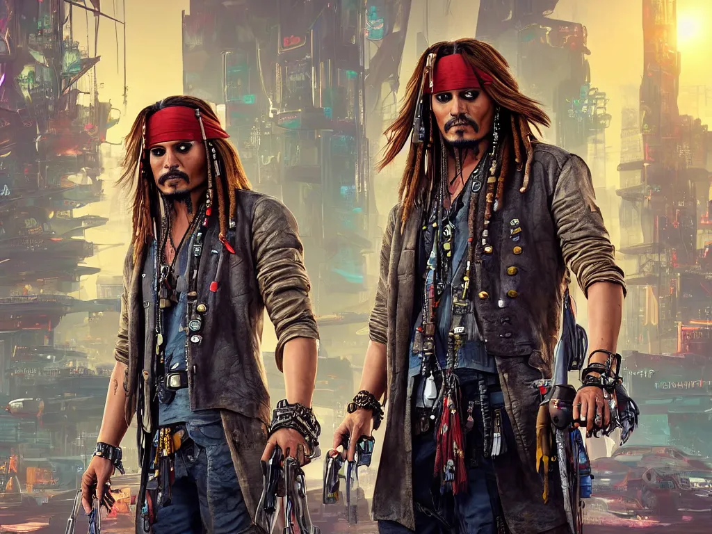 Prompt: jack sparrow in the game of cyberpunk 2 0 7 7, portrait, focus, 3 d illustration, sharp, intricate, poster, jack sparrow standing in front of the futuristic car, night city dystopian cyberpunk city in the background