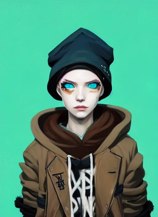 Image similar to highly detailed portrait of a sewer punk lady student, blue eyes, burberry hoody, hat, white hair by atey ghailan, by greg tocchini, gradient green, black, brown, cream and blue color scheme, grunge aesthetic!!! ( ( graffiti tag wall, plain white background ) )