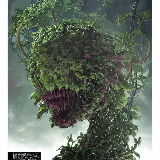 Image similar to an alien giant. A plant like alien made up of flowers, vines, and leaves. By Geoffroy Thoorens. Katsuhiro Otomo. Karlkka