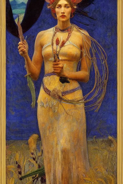 Image similar to queen of the plains with her harvest by Annie Swynnerton and Nicholas Roerich and jean delville, strong dramatic cinematic lighting , ornate headdress , flowing robes, lost civilizations, smooth, sharp focus, extremely detailed