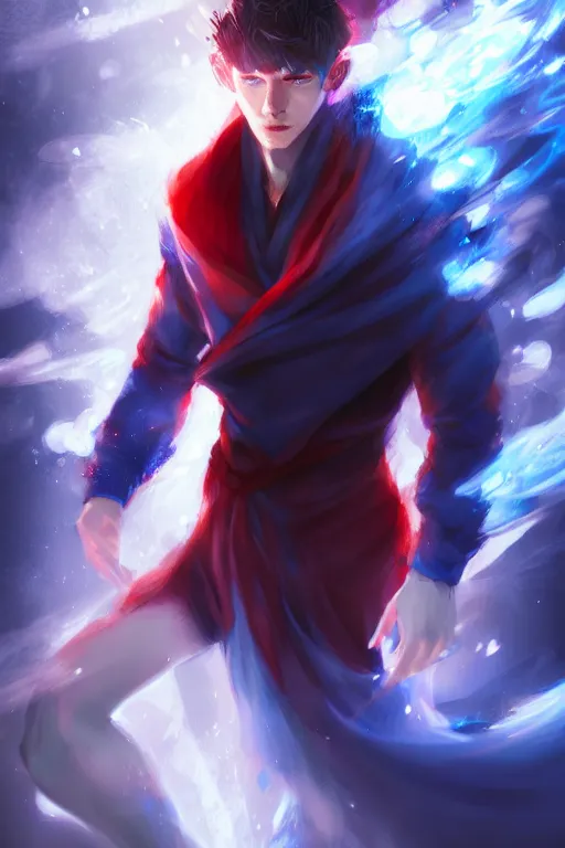 Image similar to a human elemental sorcerer, blurred environment background, blue and red magic effects, white skin, portrait, male, sharp focus, digital art, concept art, dynamic lighting, by emylie boivin and rossdraws