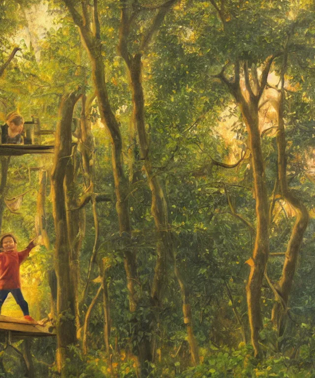 Image similar to masterful oil on canvas painting, eye - level view, shot from 5 0 feet distance, of a kid playing in a treehouse. in the background is a whimsical forest. golden hour, detailed, depth, volume, chiaroscuro, quiet intensity, vivid color palette.