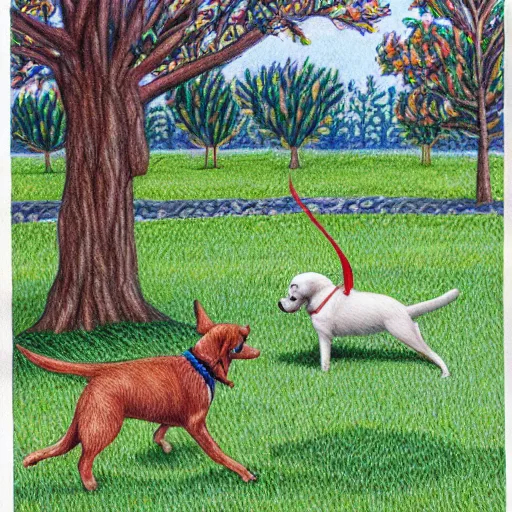 Image similar to Colored pencil art on paper, Dog playing in park, highly detailed, artstation, MasterPiece, Award-Winning, Caran d'Ache Luminance