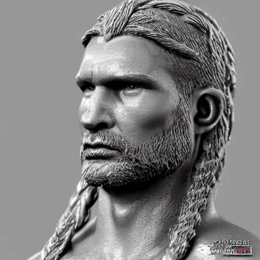 Image similar to of a 3d clay model of a viking from valhalla, ultra fine detail, hair strands, ultra high resolution, fine texture detail, miniature painting techniques, perfect proportions, marvel cinematic universe, eric bana