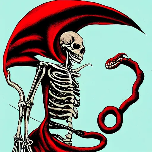 Image similar to A beautiful computer art of a horned, red-eyed, skeleton-like creature, with a long black cape, and a staff with a snake wrapped around it, standing in front of a castle atop a cliff. deep indigo, burnt sienna by Todd McFarlane ordered