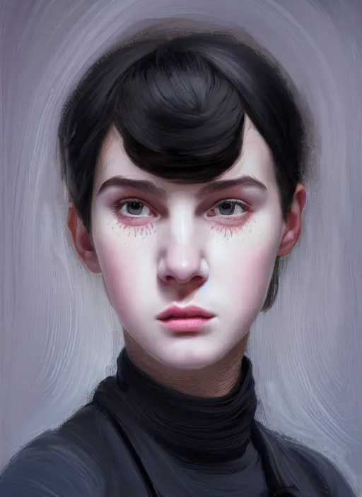 Image similar to portrait of teenage ethel muggs, narrow face, dark eyebrows, black hair, bangs, half updo hairstyle, intricate, elegant, unattractive, defined jawline, glowing lights, buck teeth, highly detailed, awkward smile, digital painting, artstation, concept art, smooth, sharp focus, illustration, art by wlop, mars ravelo and greg rutkowski