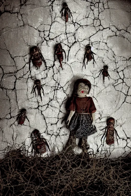 Image similar to dirty cracked screaming vintage doll maggots in eyes in darkly lit dusty basement cobwebs blair witch style photo