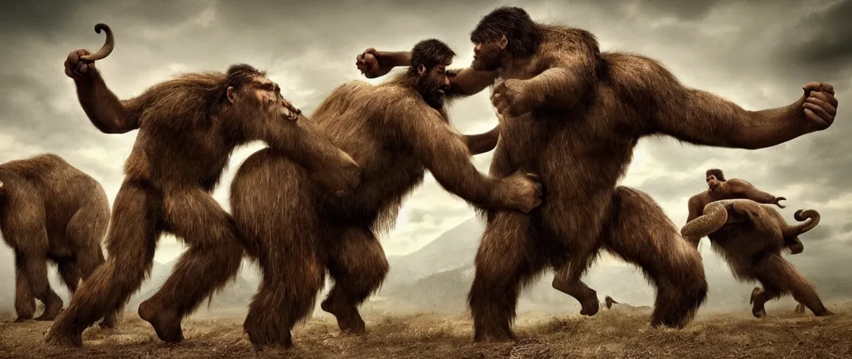 Image similar to 1 5 0 neanderthal people fighting againts one mammoth, perfect dynamic posture, perfect dynamic environment, perfect dynamic body form, perfect dynamic pose, trending pinterest, perfect dynamic position, award winning photo by national geographic, and pulittzer winner, realistic, bokeh, reduce duplication interference