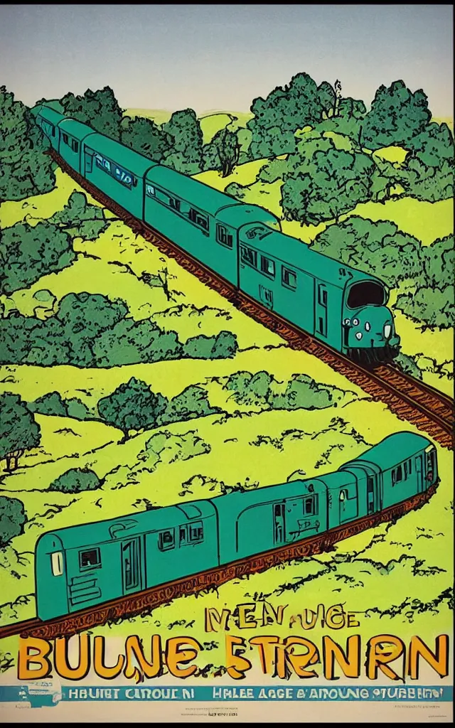 Image similar to blue and green train in the country, vintage poster, herge style,