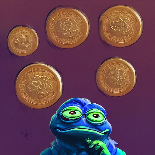 Image similar to super rich happy pepe, luxury, treasury, coins, money, hyper detalied, blue crystals, greg rutkowski, artstation