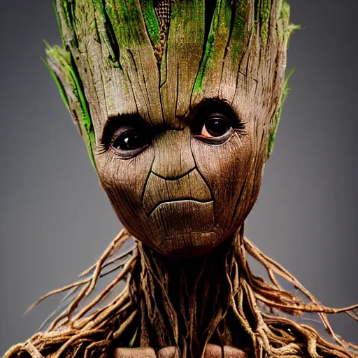 Image similar to groot as thor, photography, headshot, headpiece, female character, canon eos r 3, f / 1. 4, iso 2 0 0, 1 / 1 6 0 s, 8 k, raw, unedited, symmetrical balance, in - frame