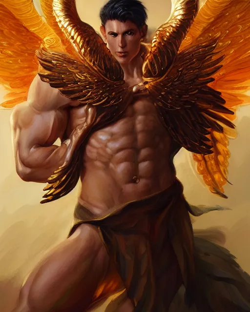 Prompt: character portrait of a muscular male angel, with fiery golden wings, wearing shining armor, by peter mohrbacher, mark brooks, jim burns, marina abramovic, wadim kashin, greg rutkowski, trending on artstation