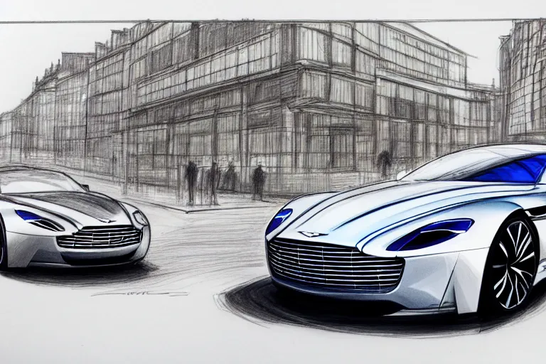 Image similar to copic marker pen drawing of an aston martin concept car, in a london business district street, medium range, sharp, very detailed, high resolution, trending on artstation