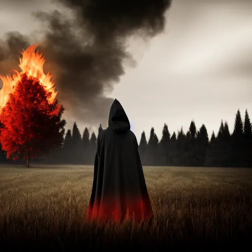 Image similar to feuer auf einer wiese. super realistic 8 k render of a dark hooded powerful elegant, cinematic composition