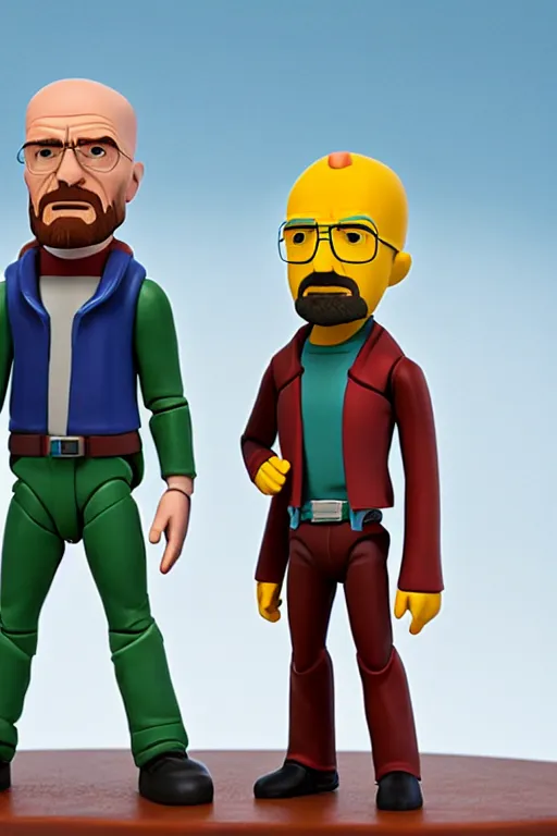 Prompt: walter white and jesse pinkman as disney infinity figures, no articulation, highly detailed, clean forms with sharp stylized clothing folds, product photo