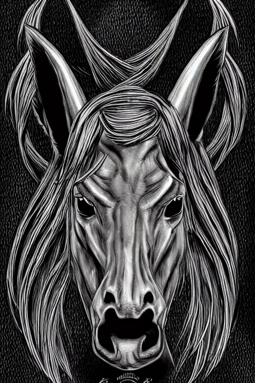 Image similar to demon horse with a horn, symmetrical, highly detailed, digital art, sharp focus, trending on art station, kentaro miura manga art style