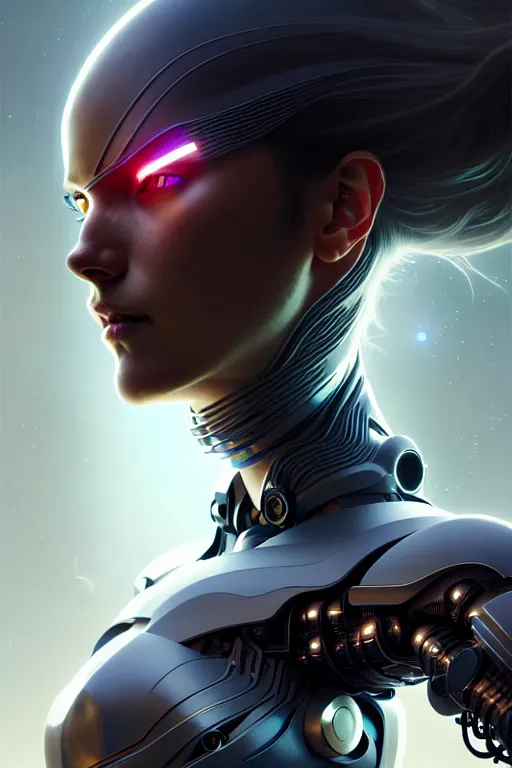 Image similar to portrait of ultra realistic, beautiful cyborg woman, metahuman, sci-fi, fantasy, manga, intricate, elegant, highly detailed, digital painting, octane render, artstation, concept art, smooth, sharp focus, eerie, illustration, art by artgerm and and greg rutkowski and alphonse mucha