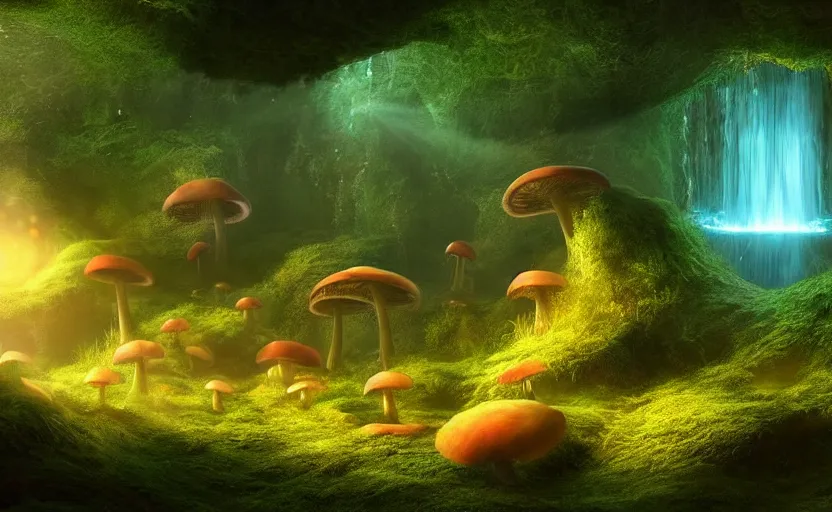 Image similar to a beautiful and stunning professional digital artwork of a glowing mushroom cave, haze, spores floating in the air, waterfall, volumetric lighting, hyperrealistic, rtx on, ultra detail