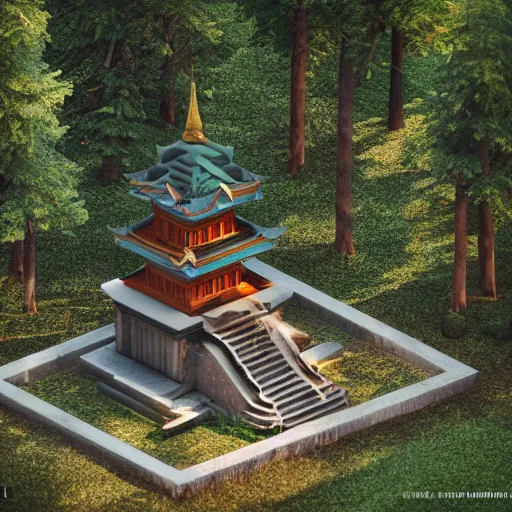 Image similar to an isometric 3 d render of a buddhist shrine in the forest, isometric, octane render, sunbeams