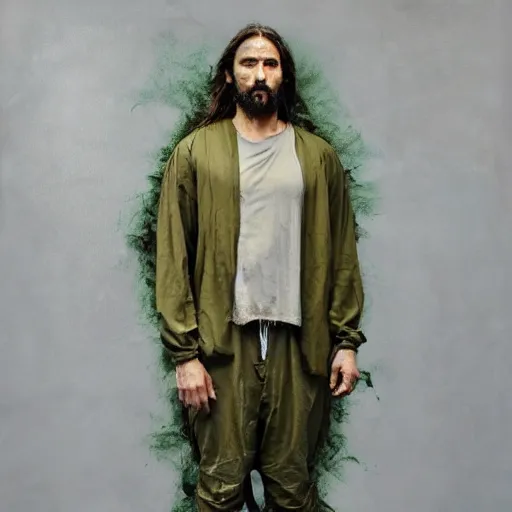 Image similar to a full body portrait of modern day jesus wearing olive green yeezy menswear collection by nicola samori, detailed, oil painting, smudges, hyper realistic, 8 k, yeezy collection