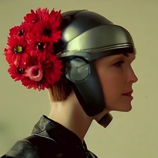 Prompt: movie still of a girl with a cyborg flowers helmet, cinematic composition, cinematic light, by edgar wright and david lynch