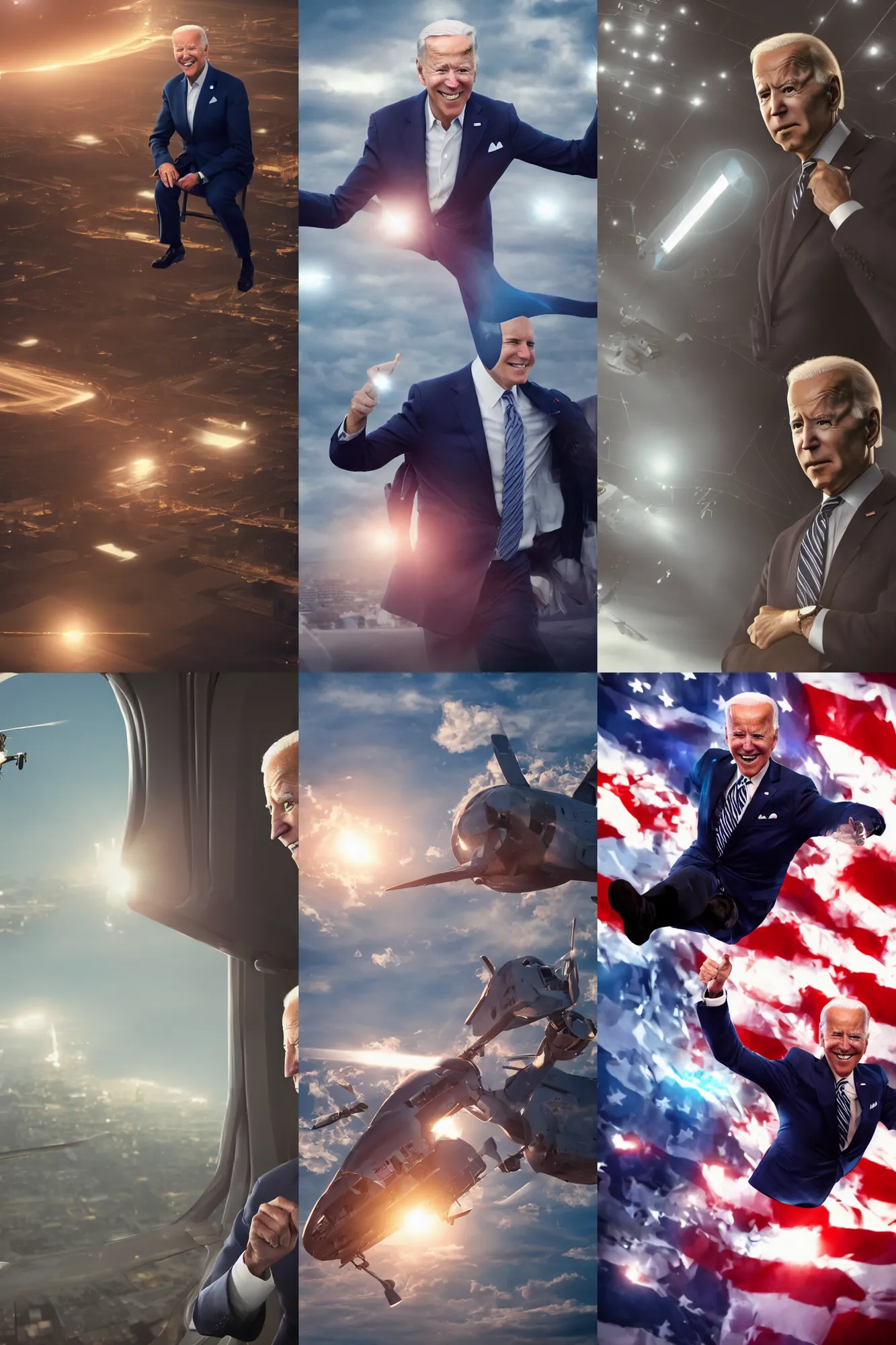 Prompt: Joe Biden obtains the ability to fly, cinematic, hyper realism, high detail, bright lights, lens flare, octane render, 8k