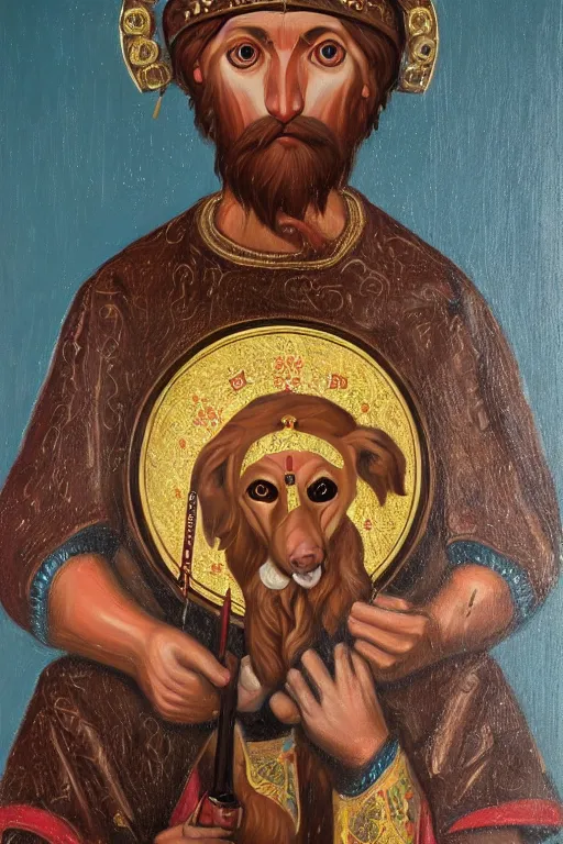 Image similar to Slavic dog head man, Orthodox Saint Christopher, oil painting, hyperrealism, beautiful, high resolution, trending on artstation, with an axe,