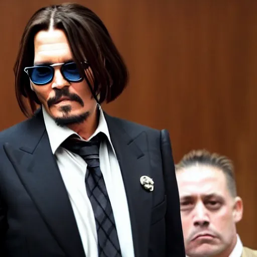 Prompt: full - body shot johnny depp screaming cheerfully in court as he wins defamation case, 4 k, photorealistic photography