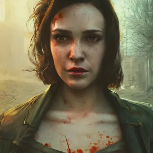 Image similar to fallout 5, charismatic beautiful rugged brunette female protagonist, portrait, outdoors ruined cityscape, atmospheric lighting, painted, intricate, volumetric lighting, beautiful, daytime, slight overcast weather, sharp focus, deep colours, ultra detailed, by leesha hannigan, ross tran, thierry doizon, kai carpenter, ignacio fernandez rios