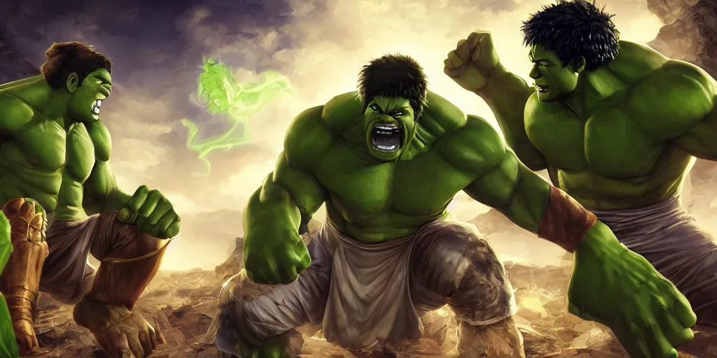 Image similar to epic anime battle between the king tut and the incredible hulk, king tut and the hulk battling, king tut vs hulk, digital art, game art, character design, trending on artstation, ultra realistic, ultra detailed