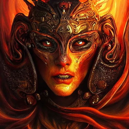 Image similar to Very very very very highly detailed epic photo of face with fiery demonic venetian mask, intricate, dystopian, sci-fi, extremely detailed, digital painting, artstation, concept art, smooth, sharp focus, illustration, intimidating lighting, incredible art by Artgerm and Vincent di Fate and Anton Pieck and Brom