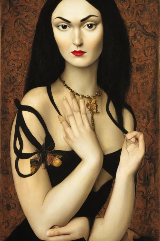 Image similar to beautiful face portrait of sasha grey as morticia addams, oil painting by nicholas hilliard, raphael, sofonisba anguissola