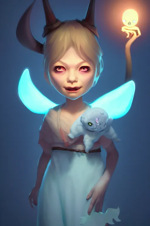 Image similar to super cute Bioluminescent Demon summoner character concept, soft light, soft mood, realistic body features and face, illustration, painting oil on canvas by Elena Zhurikhina and Goro Fujita and Charlie Bowater, octane render trending on artstation, 4k, 8k, HD
