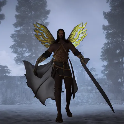 Prompt: king shamn, avatar, swords, angel wings. 4 k, unreal engine, wallpaper