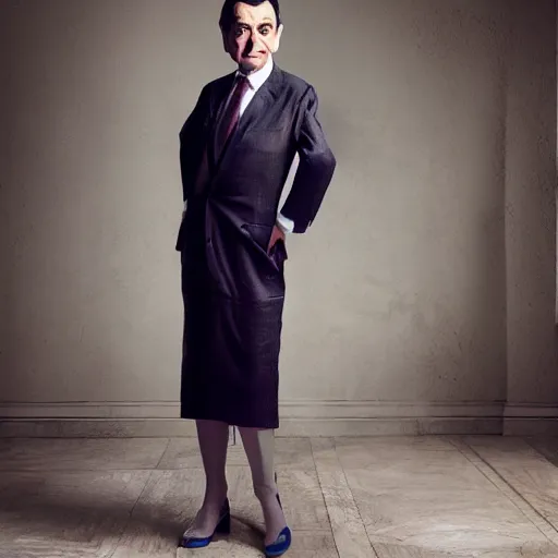 Prompt: mr bean modeling in a dress for vogue magazine, photography, hyper realism, 8k,