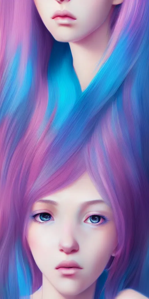 Image similar to one beautiful girl with pink and blue dyed hair, realistic female portrait, highly detailed, by ilya kuvshinov andmakoto shinkai, photorealistic