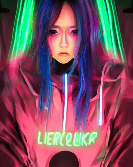 Image similar to a cyberpunk girl wearing neon hoodie, chrome, neon light, japan, perfect face, high detailed, realistic, preatty face, asian, long hair, cyberpunk, geisha, arcane style, 3 d mix with 2 d