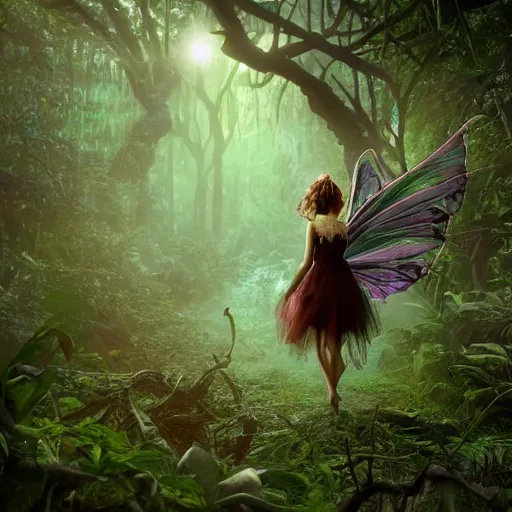 Prompt: a doomed fairy walking towards a ravenous, horrific portal to hades embedded in a creepy tree in a densely overgrown, magical jungle, fantasy, dreamlike sunraise, stopped in time, dreamlike light incidence, ultra realistic