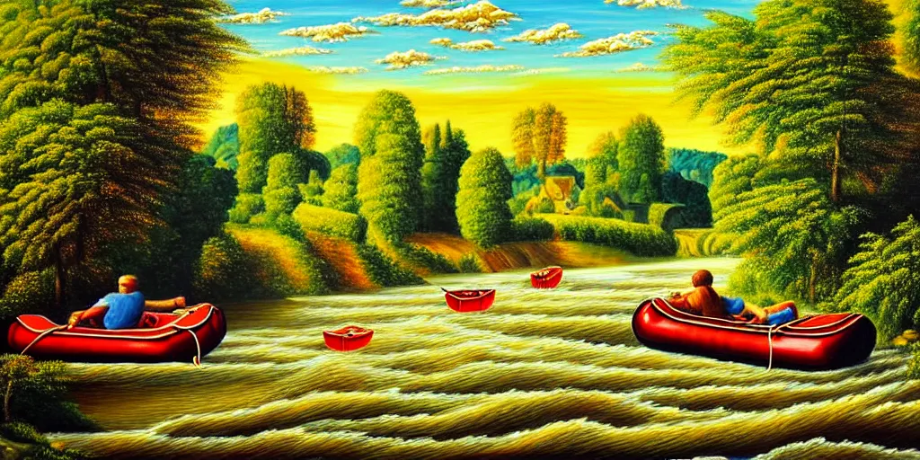 Image similar to A very detailed painting in the style of featuring a river in Europe surrounded by trees and fields. A rubber dinghy is slowly moving through the water. Sun is shining. Psychodelic painting