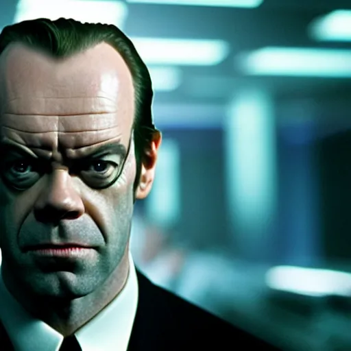 Prompt: close - up of hugo weaving as agent smith in the matrix, movie still frame, promotional image, imax 7 0 mm footage