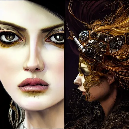 Image similar to portrait, headshot, insanely nice professional hair style, dramatic hair color, digital painting, of a old 17th century, old cyborg merchant, amber jewels, baroque, ornate clothing, scifi, realistic, hyperdetailed, chiaroscuro, concept art, art by Franz Hals and Jon Foster and Ayami Kojima and Amano and Karol Bak,